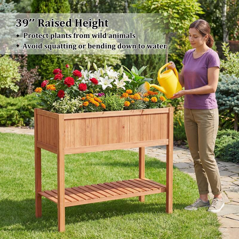 Gymax 2PCS Wooden Raised Garden Bed w/ Legs Liner Storage Shelf Large
