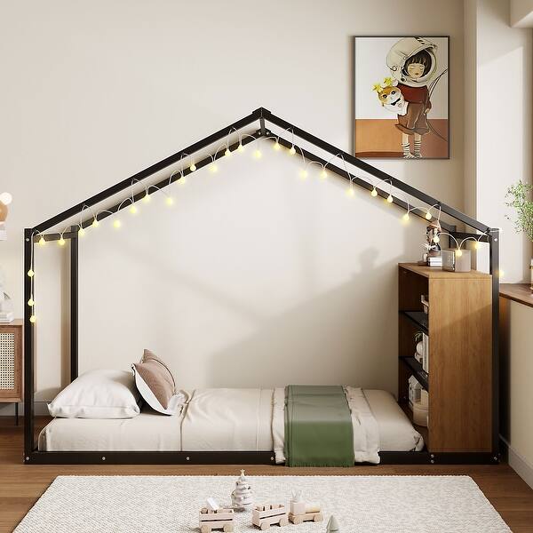 slide 2 of 16, Twin Size Metal Bed House Bed Frame with Shelves and Lights Black