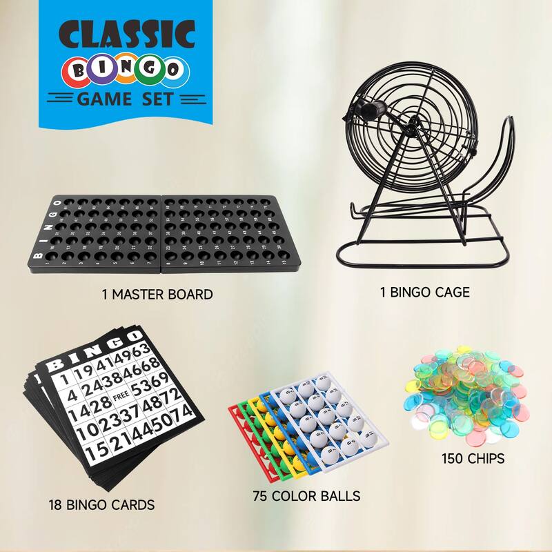 GSE™ Classic Bingo Game Set for Kids & Adults, Family - Roller Cage and Board, 75 Bingo Balls, 150 Bingo Chips, 18 Bingo Cards