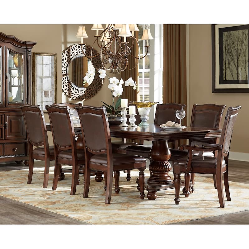 Traditional Dining Table 1pc Brown Cherry Finish Double Pedestal Base Separate Extension Leaf Dining Furniture