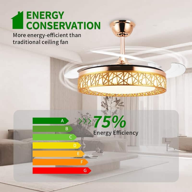 42" Modern Ceiling Light with Fans, 4 Retractable Blades 3 Light Color Change Ceiling Fan