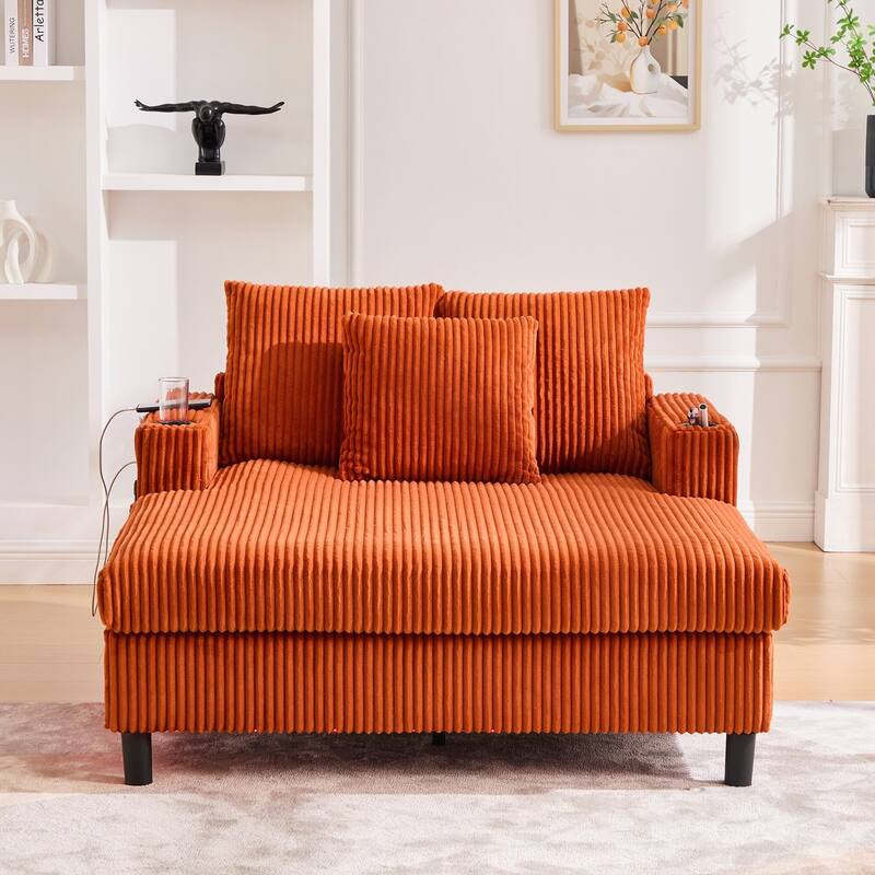 Modern Corduroy Oversized Recliner Sofa with Deep Seat, 3 Pillows, USB Charging, RGB LED Light Strip, Cup Holder, Side Pocket
