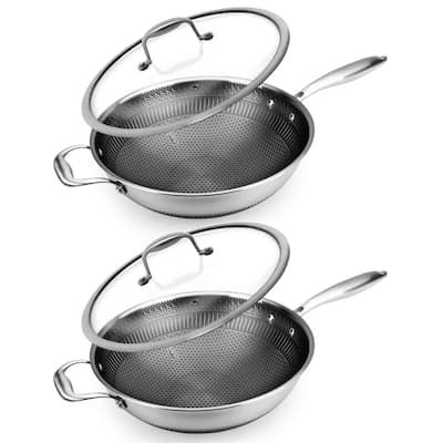 NutriChef 12" Stainless Steel Nonstick Cooking Wok Stir Fry Pan, Silver (2 Pack)