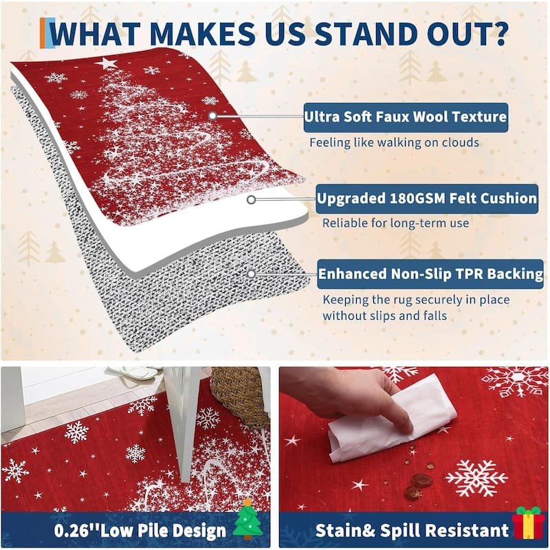Washable Xmas Red Christmas Tree Area Rug for Home Decor - 1'6" x 2'6"