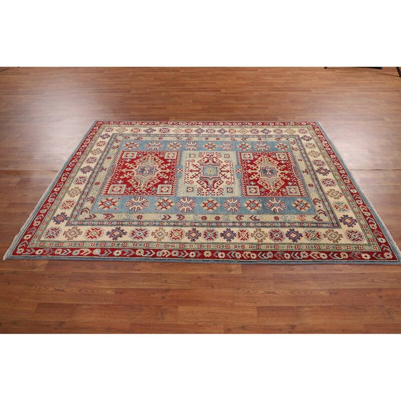 Blue Kazak Oriental Area Rug Handmade Floral Wool Carpet - 4'11" x 6'10"