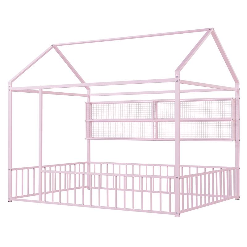 Full Size Metal House Bed Frame with Built-In Grid Shelves, Playful Canopy Design and Space-Saving Storage