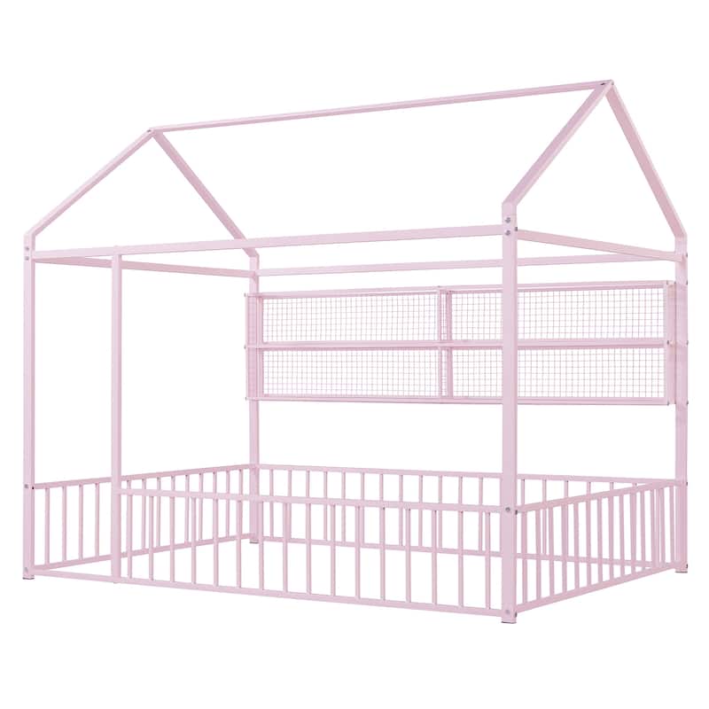 Full Size Metal House Platform Bed Frame with Storage Shelves,Fence and Shelves