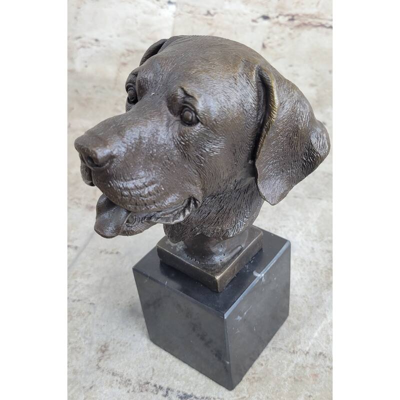 Signed Original Happy Labrador Puppy Dog Bust Marble Base Sculpture Statue Decor