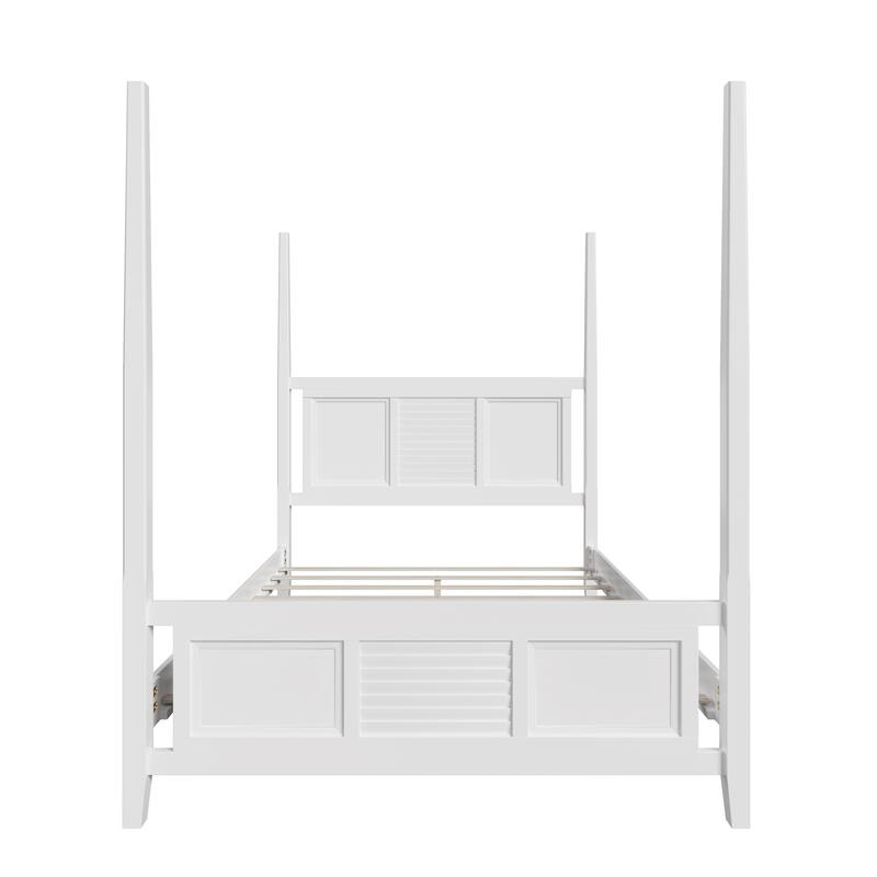 White Bed Frame Canopy Bed Wood Four Poster Bed, Low Profile Platform Bed, No Box Spring Needed, Wood Slat Support Frame Bed