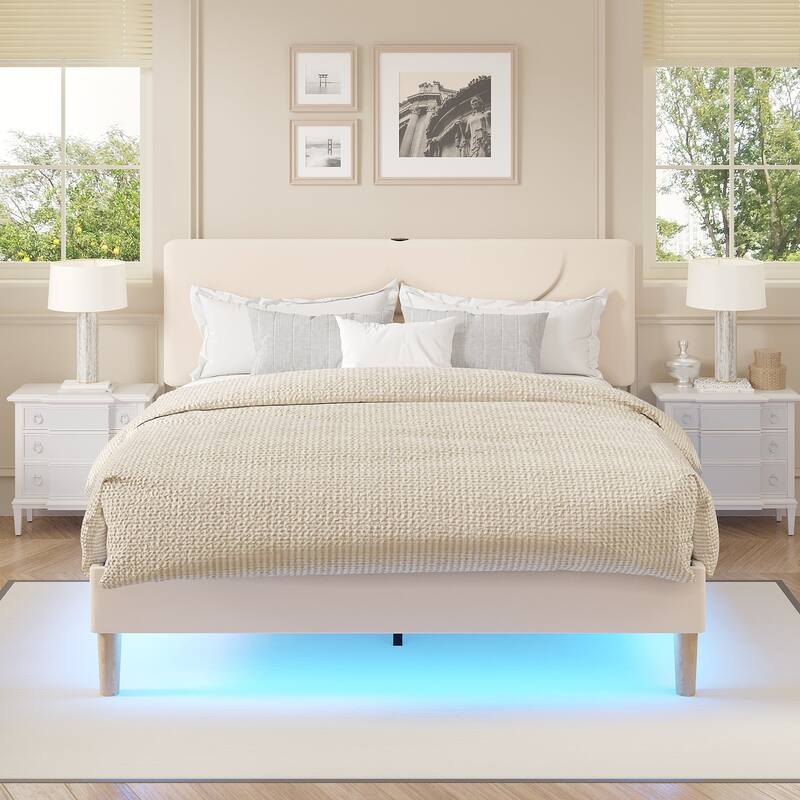 Javlergo Bed Frame with Smart LED Lights, Velvet Bed Frames with USB Charging Station, Modern Platform Bed