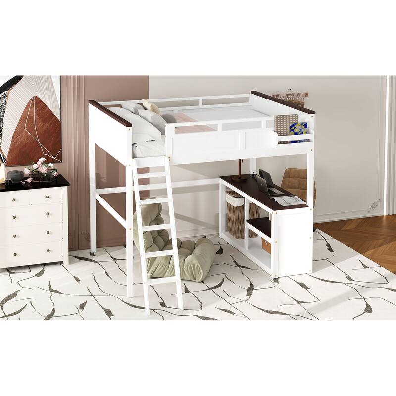 Queen Size White Loft Bed with Desk, Open Shelf, Storage Box & USB Charging Station
