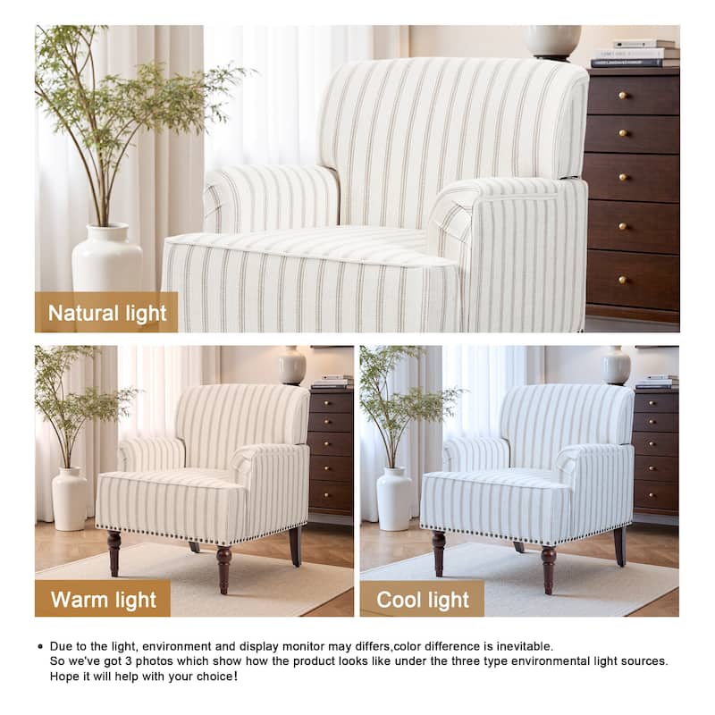 Set 2 Striped Upholstered Linen Armchair with Brass Nailhead Trim