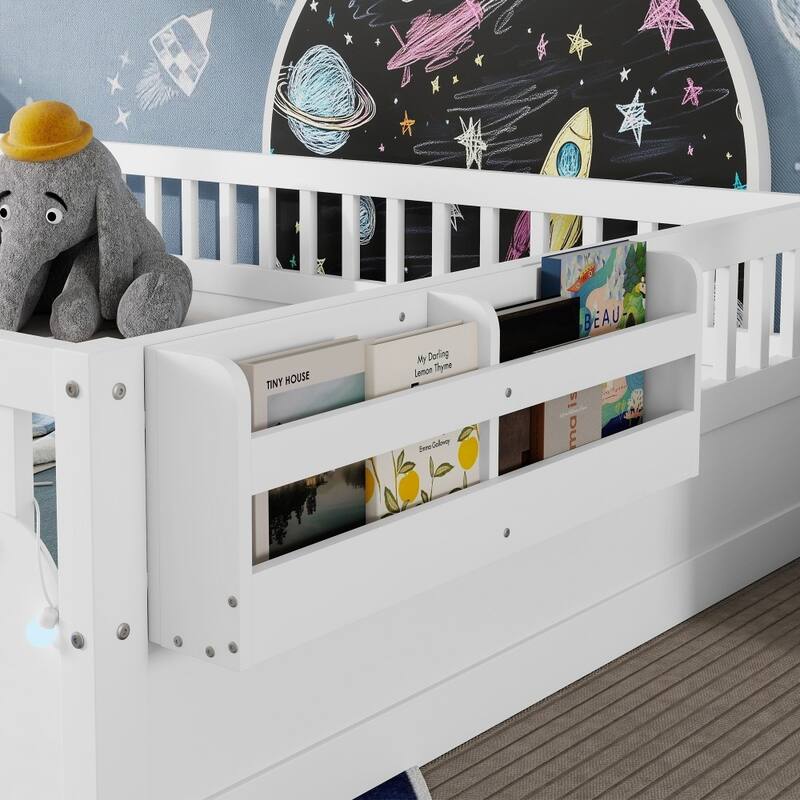 Wood Floor Bed Frame with High Rails,Light and Storage Shelf