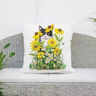 Magnolia Casual Outdoor Pillow Cat with Daisies 18x18