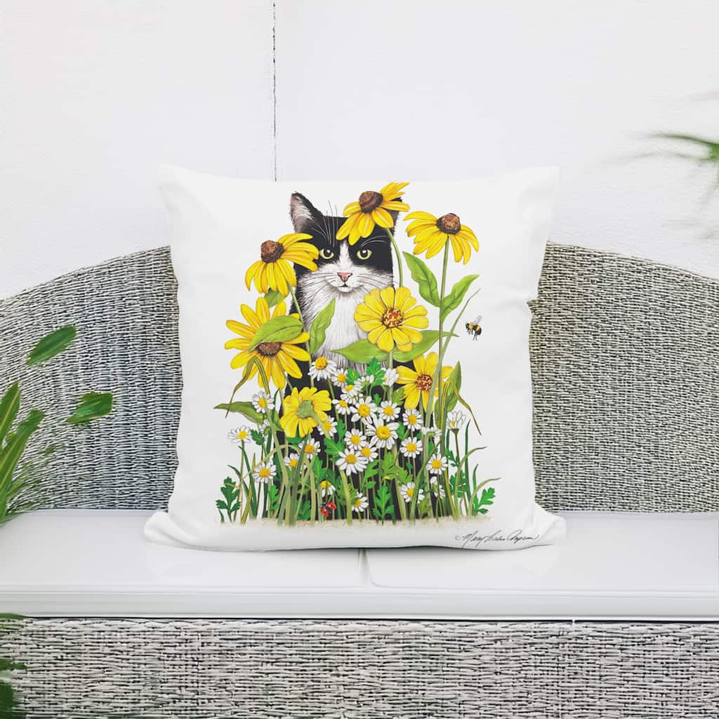 Magnolia Casual Outdoor Pillow Cat with Daisies 18x18