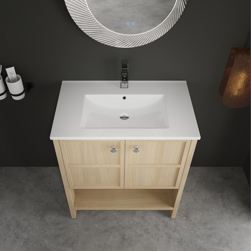 GDFStudio - Bergen Modern Minimalist Freestanding Bathroom Vanity Cabinet with Ceramic Sink, Soft Close Doors& Open Shelf - 30"