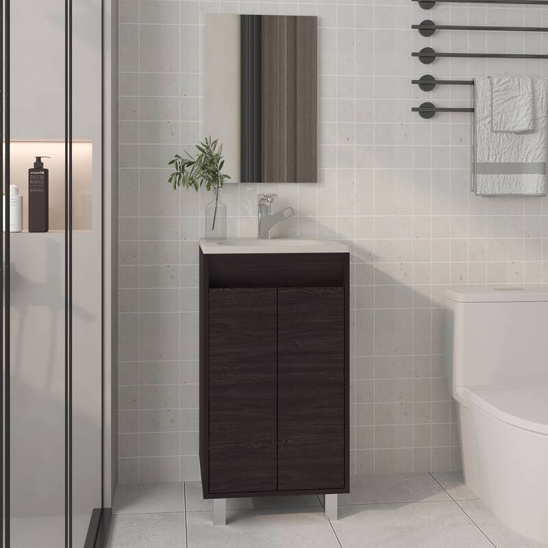 Mirror Bathroom Vanity Cabinet,With two Doors,Two Shelves,Black - Black