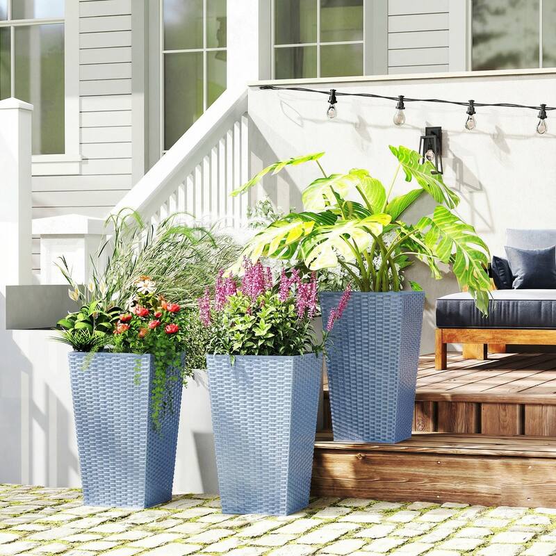 Outsunny Tall Planters for Outdoor Plants Set of 3, 24 In Taper Planters with Drainage Holes, Rattan Decor Plant Pots