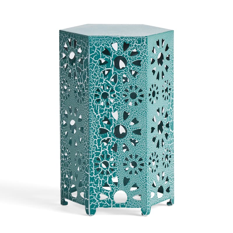 Liana Outdoor Side Table, Hexagonal 14 Inch, Sunburst Cut Out, Teal