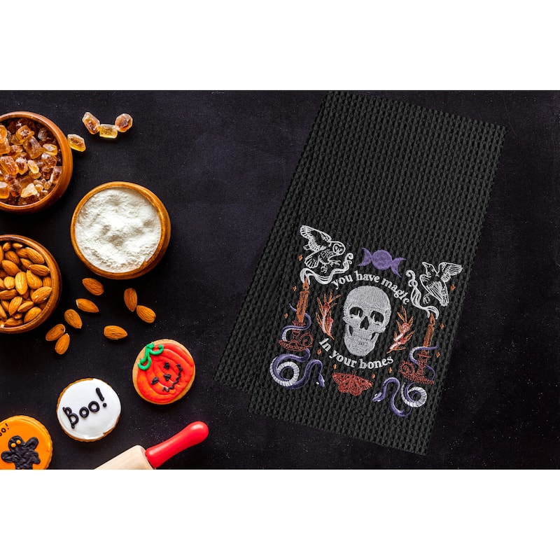 Magic In Your Bones Skull Halloween Embroidered Cotton Waffle Weave Kitchen Towel