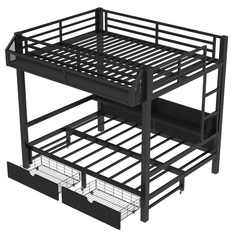 Full over Full Bunk Bed with Storage, USB Ports & LED Lights, Converts to Sofa, Metal Frame