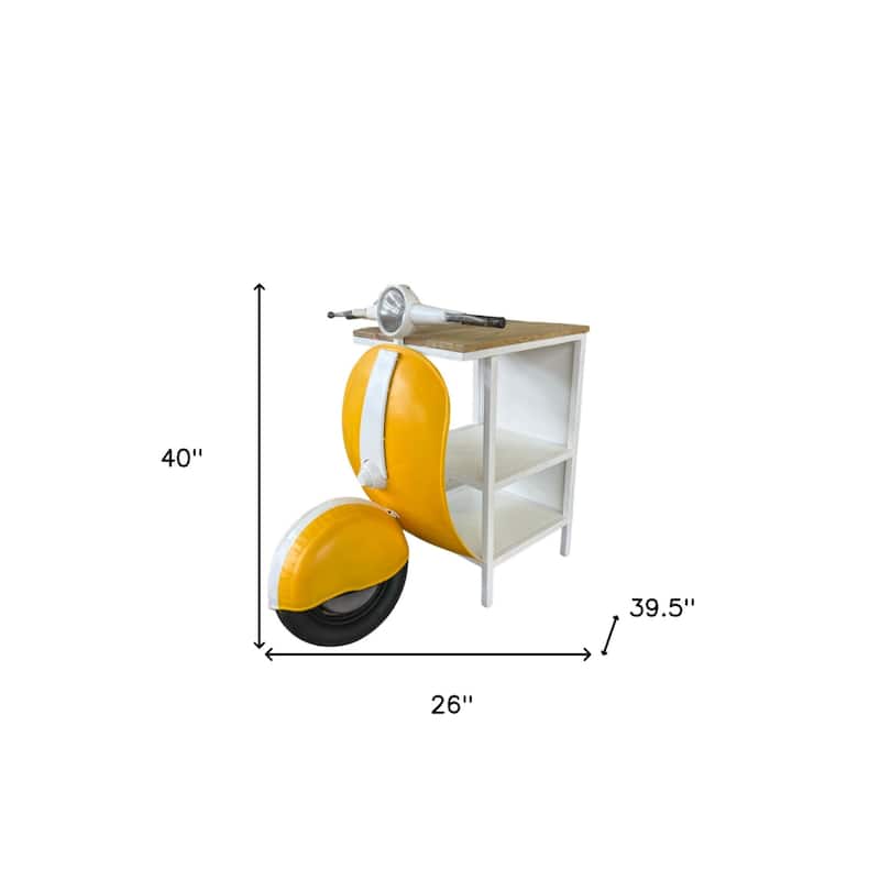 Yellow Wood Metal Scooter Side Table with Storage Shelf - 39.50” x 26” x 40”