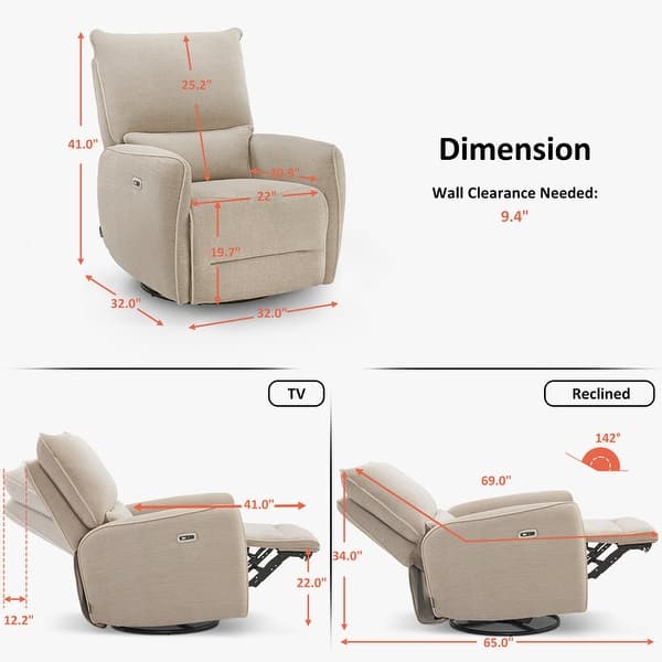 dimension image slide 2 of 3, MCombo Power Swivel Glider Recliner Chair with USB Charging Ports for Living Room and Nursery, Fabric 6922