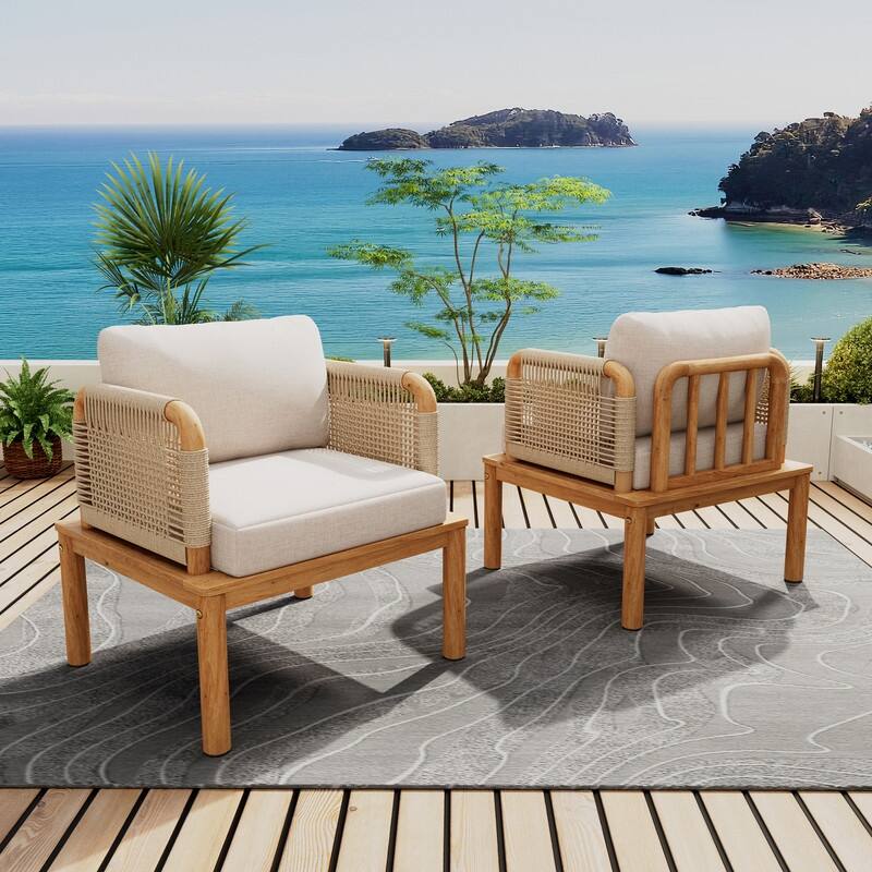 Outdoor Acacia Wood and Rope Club Chair with Cushions (Set of 2 / MP2) - 26.75in. W X28.75in.DX27.00in. H - Teak+ Beige