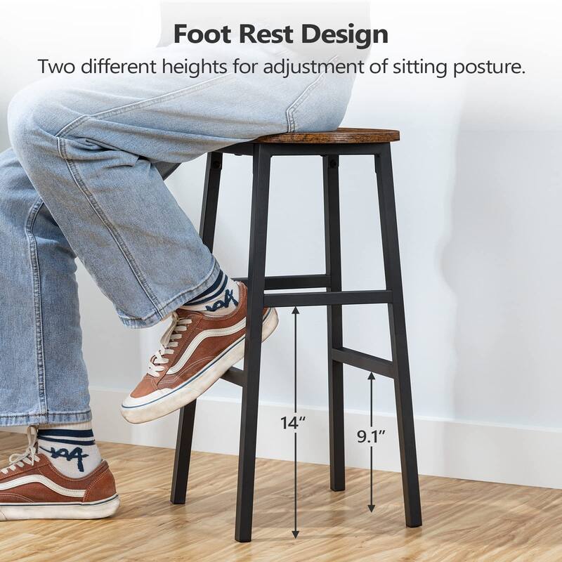 Bar Stools, Set of 2 Round Bar Chairs with Footrest, 24.4 Inch Kitchen Breakfast Bar Stools, Industrial Bar Stools,Easy Assembly