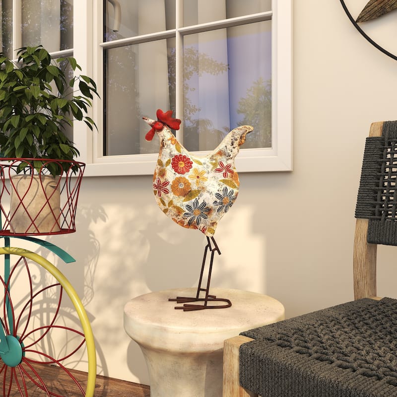 Metal Rooster Indoor Outdoor Distressed Standing Decorative Garden Sculpture - Green or Cream - Roche River Decor