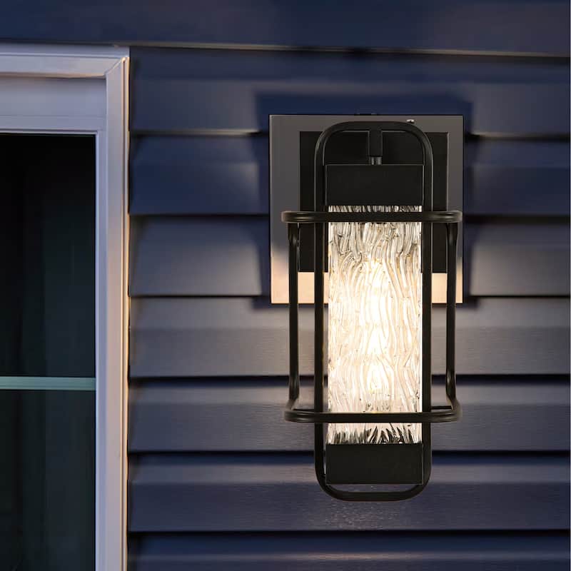 Matte Black 1-Light Glass Outdoor Wall Lighting Sconce Dusk to Dawn - Black