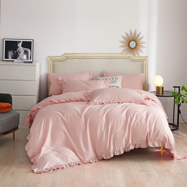 Blush Pink Ruffle Frill Cotton Blend Quilt Duvet Cover Bedding Set All Sizes