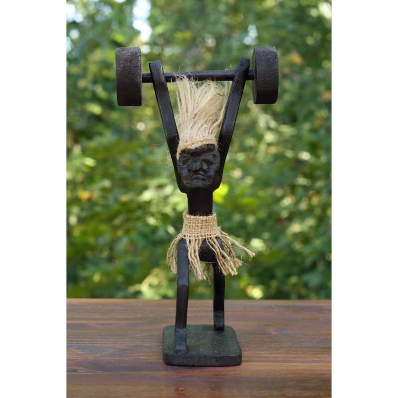 Handmade Wooden Primitive Tribal Weightlifting Funny Statue Sculpture Tiki Bar Handcrafted Unique Gift Decorative Decor