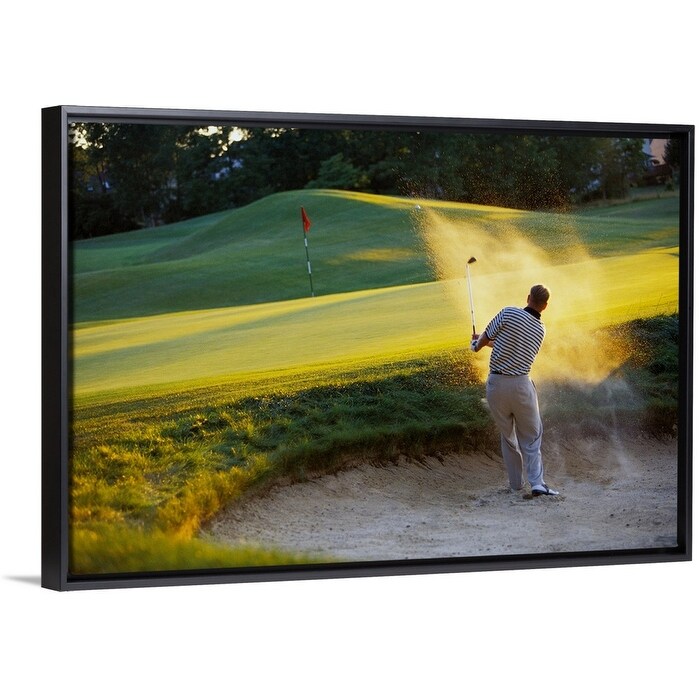 Shop Man Hitting Golf Ball Out Of Sand Trap Black Float Frame Canvas Art Overstock 25524233