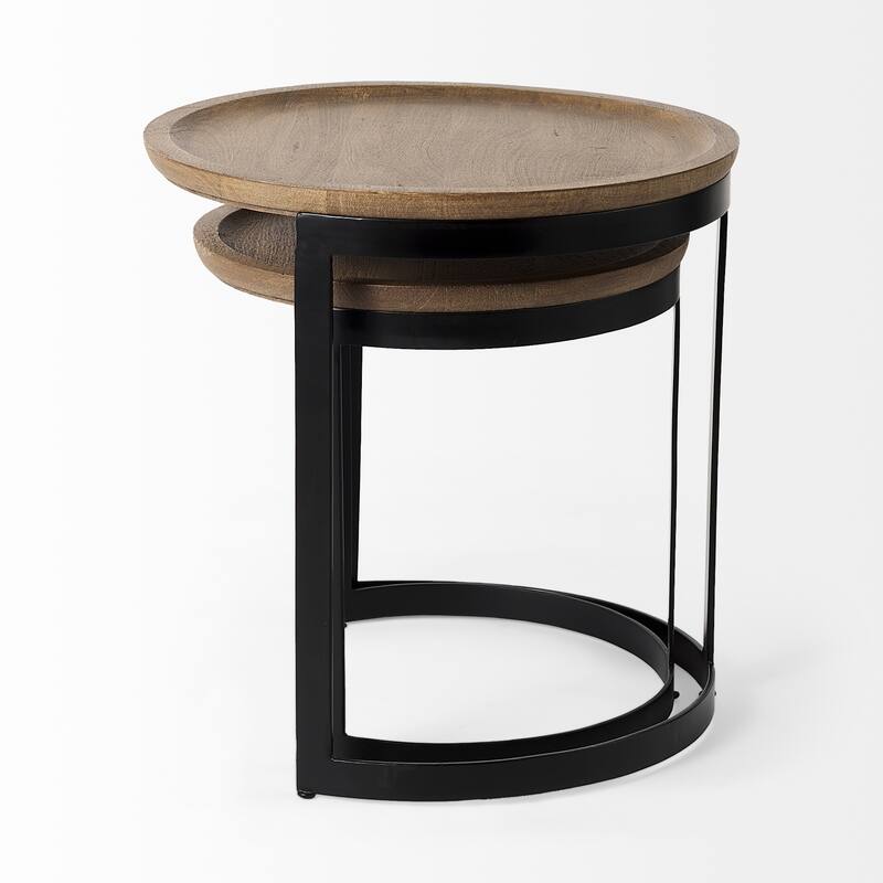 Aisley Light Brown Solid Wood w/ Black Iron Base Round Nesting Side Tables - 19.3L x 19.3W x 19.0H