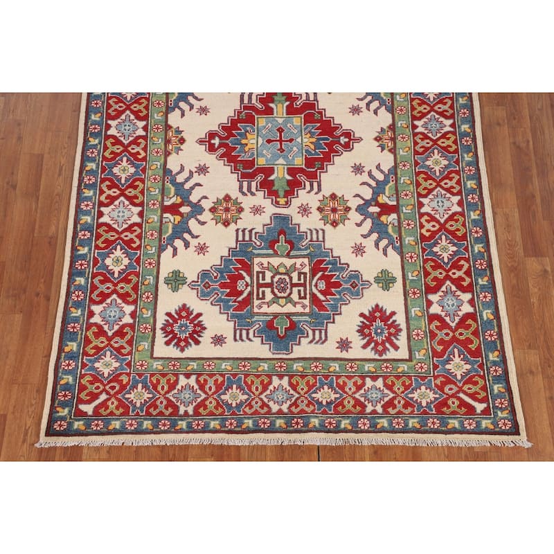 Kazak Oriental Area Rug Handmade Geometric Beige Wool Carpet - 5'0" x 7'3"