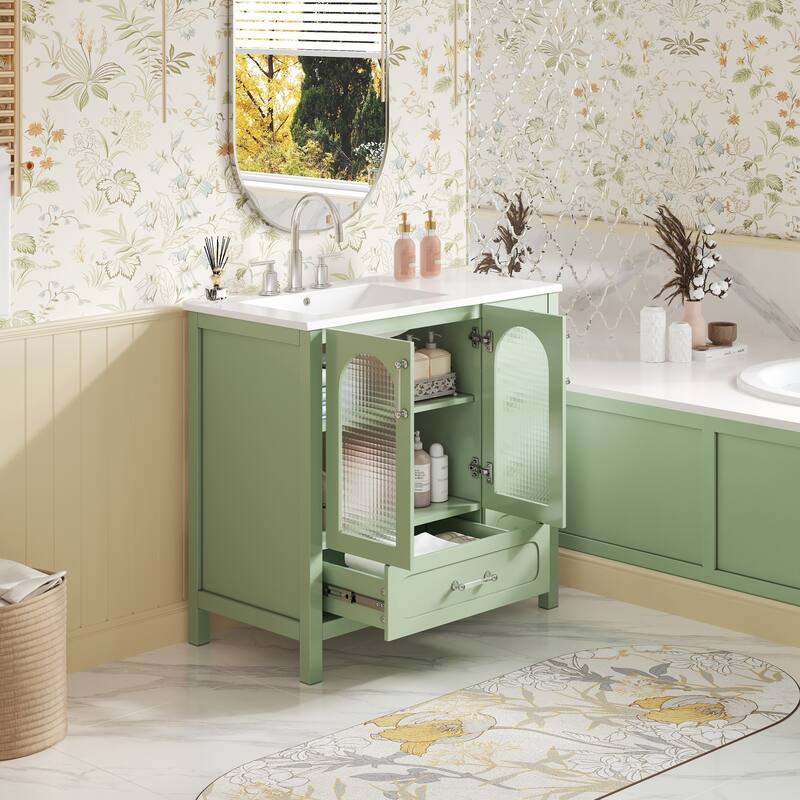 36" Waffle-Texture Bath Vanity – Features 4 Drawers, 2 Soft-Close Doors & Elegant Glass Fronts‌