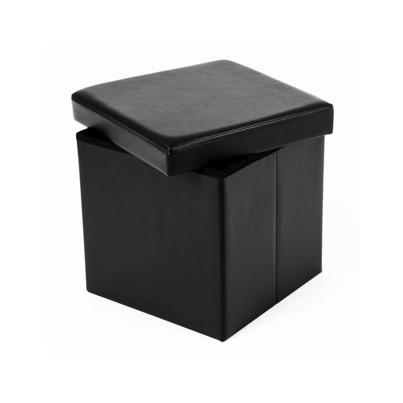 Folding Storage Ottoman Cube Footrest Stool Coffee Table Puppy Step, Faux Leather, Black