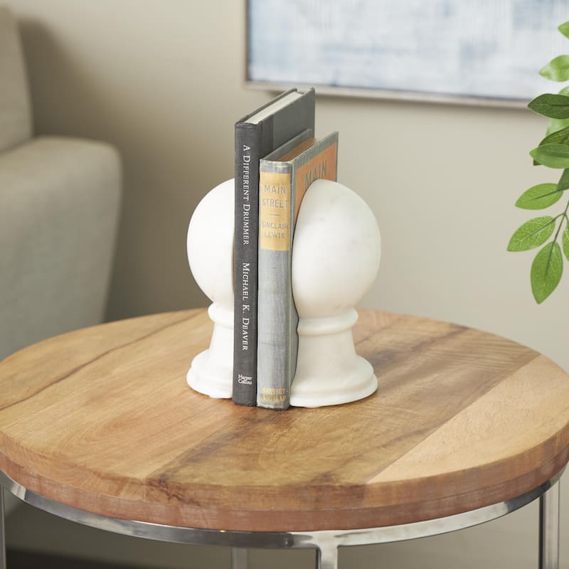 Black or White Marble Sleek Orb Globe Decorative Bookends (Set of 2) - White