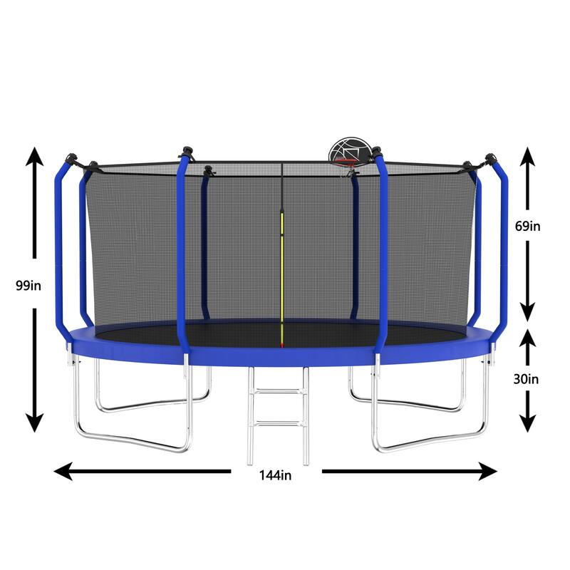 Outdoor Trampoline with Safety Net, Basketball Hoop & Ladder
