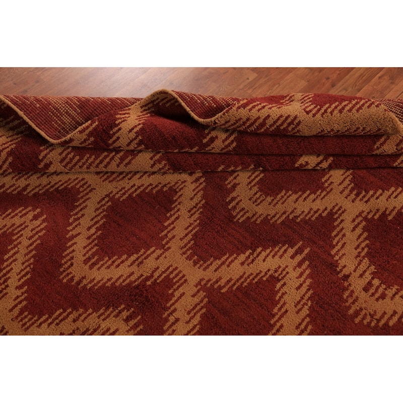 Hand Knotted Oriental 100% Wool Carpet Modern Geometric Red Moroccan Area Rug - 9' 7'' X 7' 11''