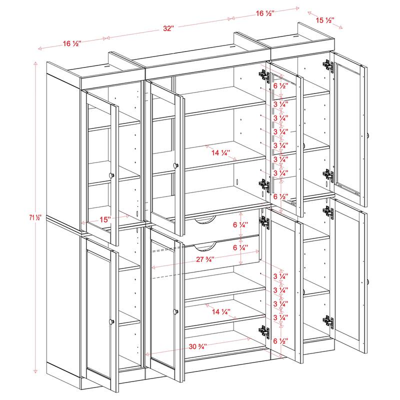100% Solid Wood Tall Kitchen Pantry Cabinet with Glass Doors & 2 Drawers, Adjustable Shelves, Modular Storage, 65" W x 71.5" H