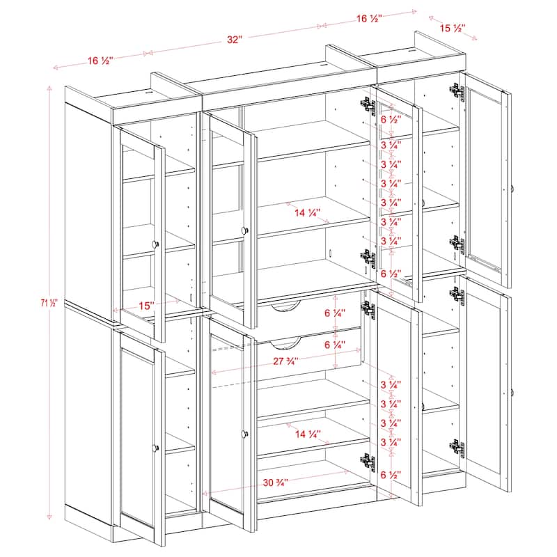 Palace Imports 100% Solid Wood Kitchen China Cabinet Pantry with Glass or Solid Wood Doors and 2-Drawer Kit - 65" x 71.5"
