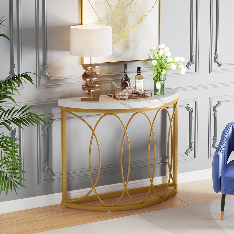 Half Moon Console Table for Entryway, 43 Inch Sofa Table with Faux Marble Top, White and Gold Accent Table