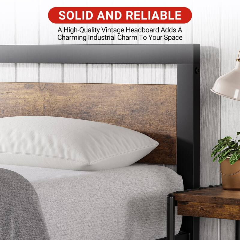 GIMMYFIVE Brown Bed Frame with Wooden Headboard and Footboard