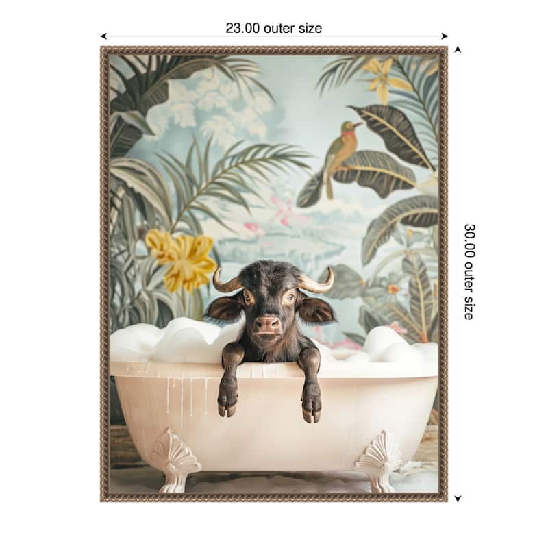 Tropical Buffalo Bath by Niky Rahner Framed Canvas Wall Art - 23 x 30 in