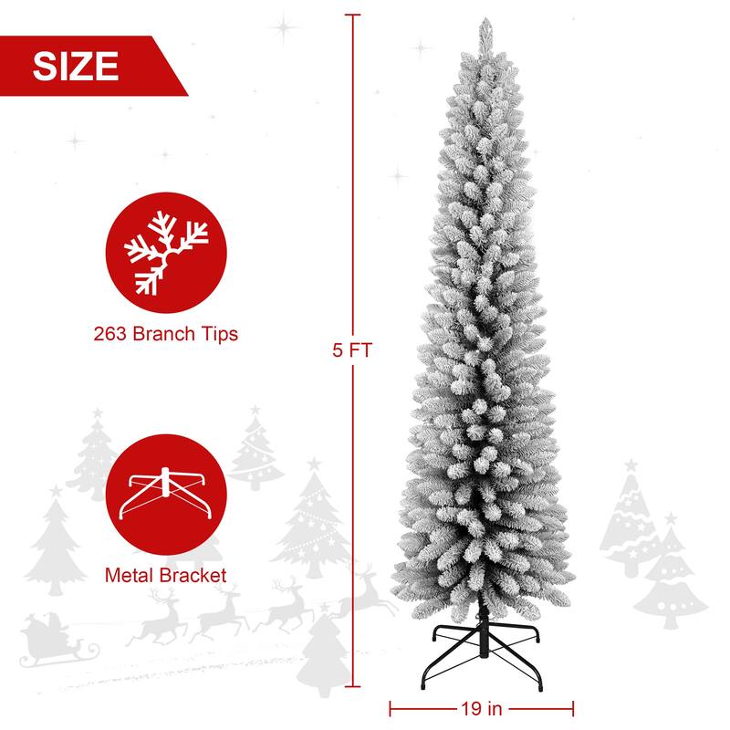 6FT Flocked Pencil Christmas Tree-Slim PVC Tree with 358 Snowy Tips, Space-Saving Design,Realistic Snow Effect