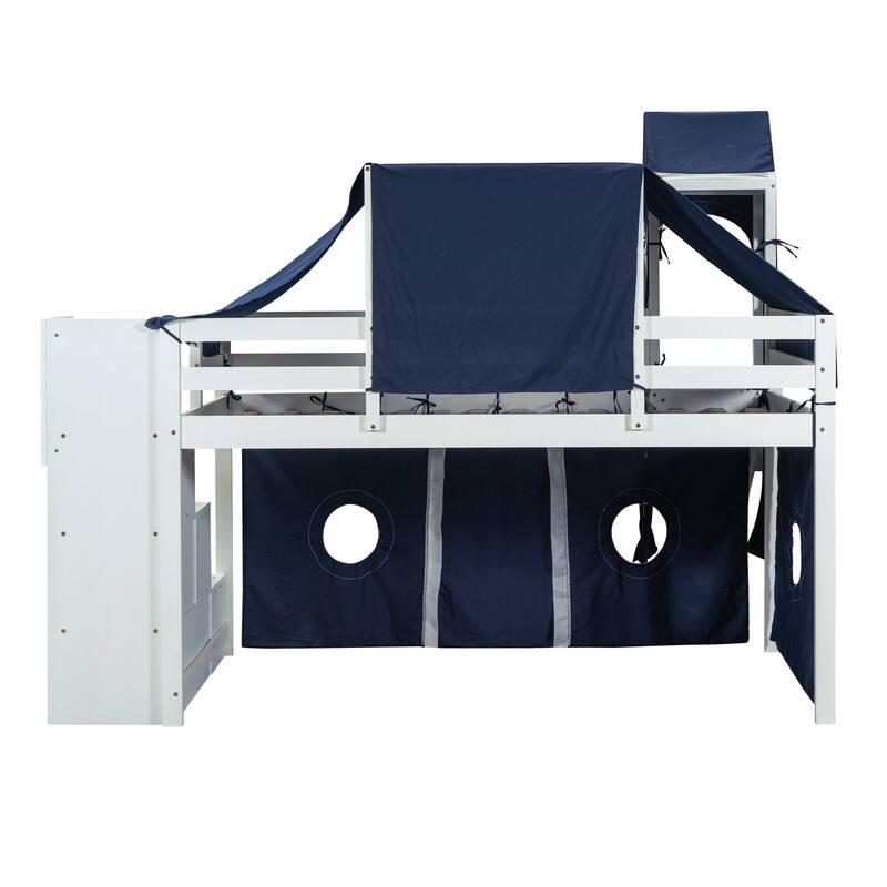 Wooden Twin Size Loft Bed with Tent and Tower