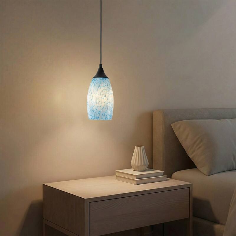 Modern Matte Black 1 Light Pendant with Blue Art Glass for Kitchen Island Dining Room