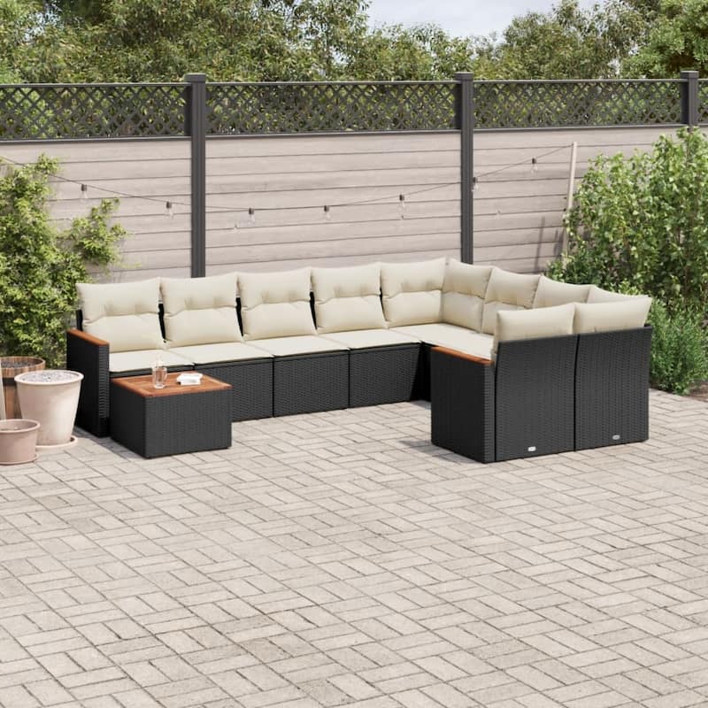 vidaXL Patio Sofa Set with Cushions Outdoor Furniture 10 Piece Poly Rattan - 24.4 x 24.4 x 27.2 in - Black and cream